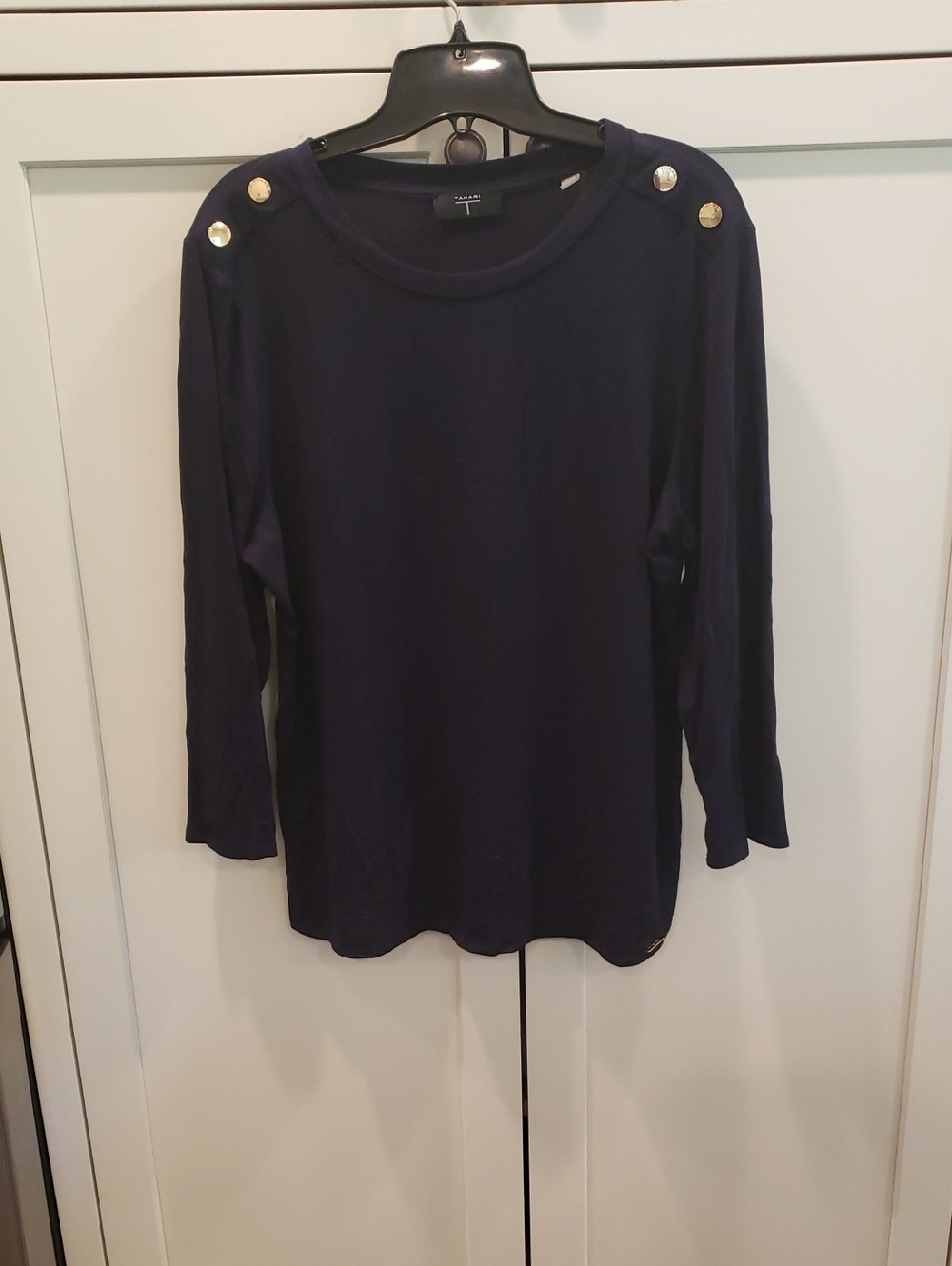 Tahari Navy Long-Sleeve Tee with Gold Shoulder Buttons